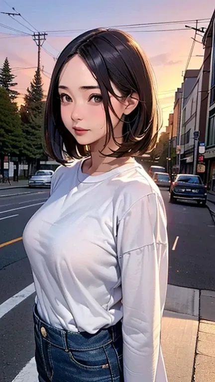 1 Woman, Japanese Woman,(Housewife:1.5),(40 Years Old:1.68),(Attractive Mature Woman:1.66),(Middle Age:1.78),(Small Round Face:1,69),(small breasts:1.5),((graduated haircut)),(((Oversized half-sleeved cutter shirts, jeans))),(((Cities, streets, trees, side...