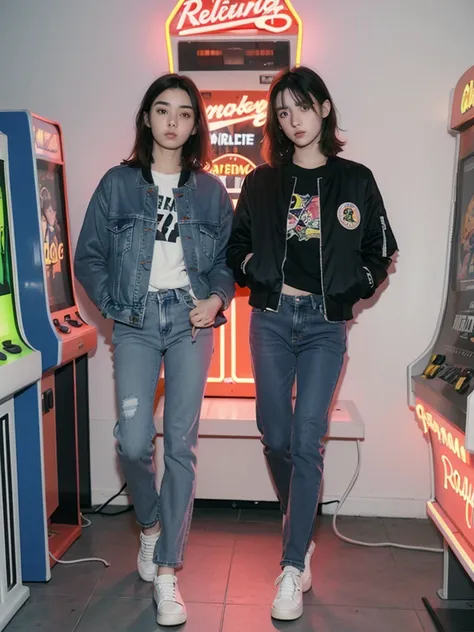 Design an illustration of a 1980s teenager wearing acid wash jeans and a bomber jacket, listening to a Walkman in a neon-lit room with arcade machines and posters of rock bands.