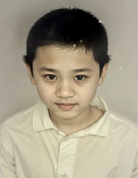 there is a black and white photo of a young boy, old picture, wearing shirt white, four years old, potrait, around 1 9 years old, about 3 5 years old, thawan duchanee, old photograph, grainy damaged photo, young boy, young , aged photo, very old photo, he ...