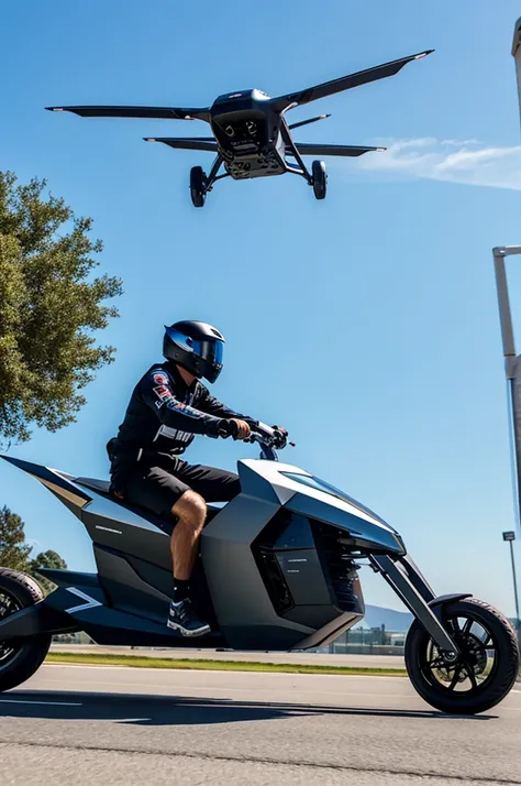 man driving a futuristic flying motorcycle