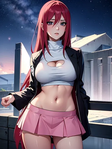 Uzumaki_kushina, big breast, wearing a jacket and white t-shirt and skirt, standing straight,face on camera, night sky,navel, cleavage ,skirt up panties showing 