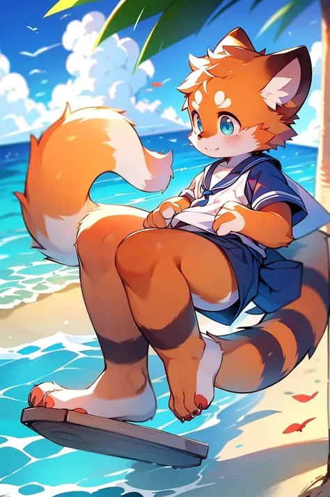 Male Red Panda，Ocean，Appearance in a sailor suit，One person，