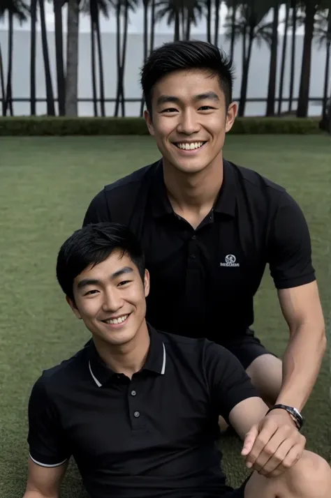 young asian man in a black polo shirt sitting on the grass with a smiling face, looking into the distance turn your head slightl...