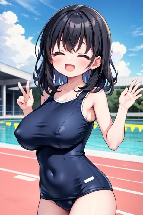 School Swimsuit、four years old、Short、Very large breasts、Huge breasts、whole body、Close your eyes and laugh、Open your mouth、Black Hair、Beautiful fingers、