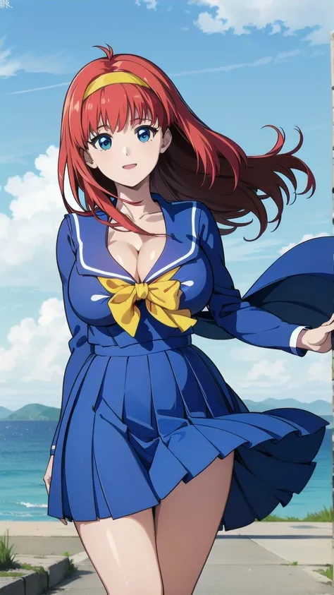 (Very beautiful face and eyes:1.2),(Laugh together),((Large Breasts))、Skirt fluttering in the wind、Fresh Skin、Beautiful legs,Sailor suit、,Redhead、Yellow headband、Ocean、(((Cleavage、Areola、)))
(Highest quality,masterpiece:1.2),1 Girl,Observe the audience,
Na...