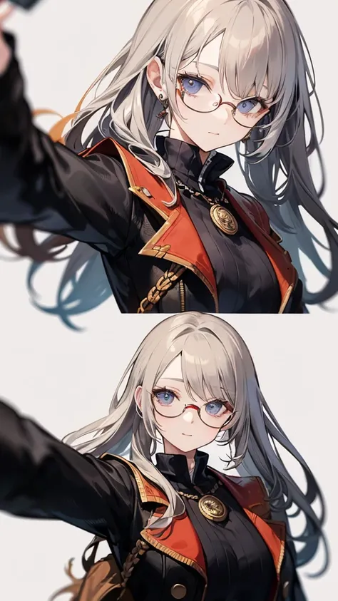 masterpiece, concept art, centered, close up shot, like selfies, head to toe((must)), low contrast, aschgray haired early 20s Russian girl, cyberpank fashion, wearing simple eyeglasses, background is mochabrown