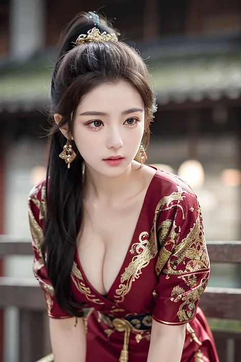 Fei Yu_robes， red cloth， Gold Embroidery， black embroidered gold， high ponytail， depth of field，  night scenery，Swordsman Girl, 1 girl，25 year old girl, ulzzang-6500v1.1， （manuscript： 1.2）， （realistic： 1.3） ， สาวสวยกับdetailsที่สวยงาม， ดวงตาและใบหน้าที่Ver...