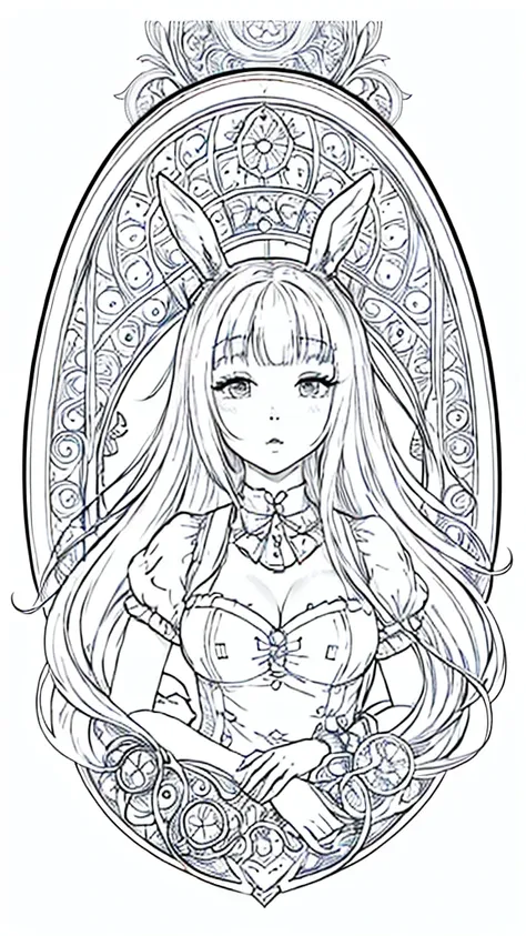 (bunny girl:1.5), 8k, black and white drawing of circular design, intricate thin lines, centering radial design, coloring pages,...