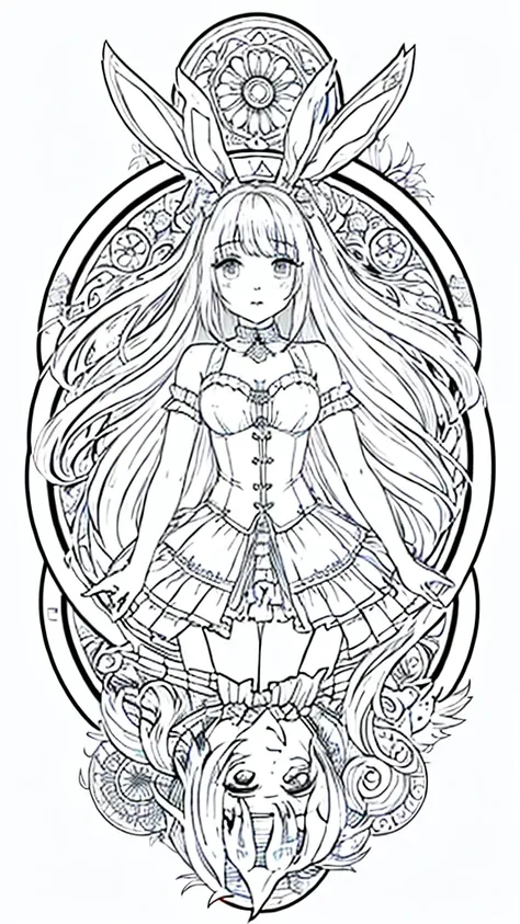 (bunny girl:1.5), 8k, black and white drawing of circular design, intricate thin lines, centering radial design, coloring pages,...