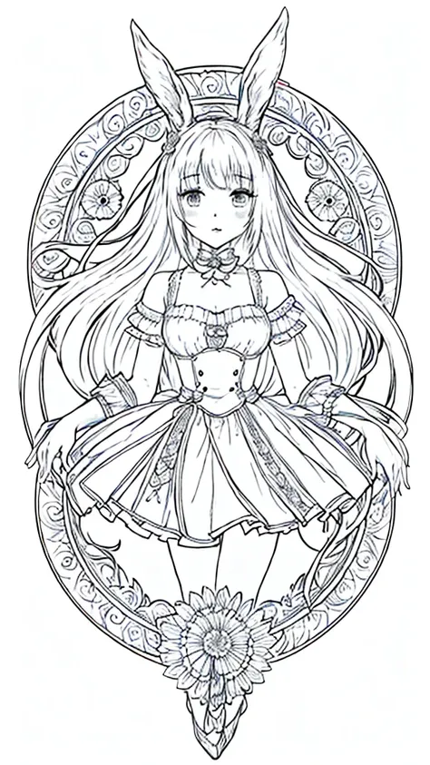 (Bunny girl:1.5), 8k, black and white drawing of circular design, intricate thin lines, centering radial design, coloring pages, simplified zentangle, coloring book outline, black and white only, no outline, intricate designs, coloring book, celtic design,...