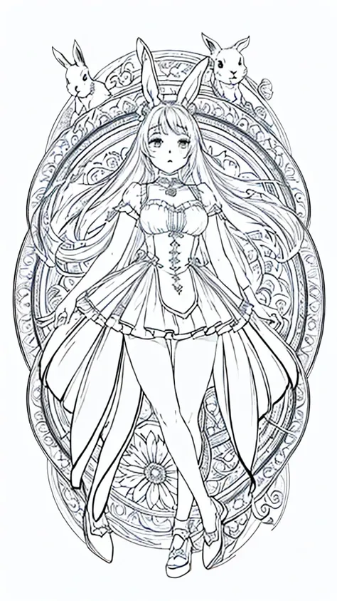 (bunny girl:1.5), 8k, black and white drawing of circular design, intricate thin lines, centering radial design, coloring pages,...