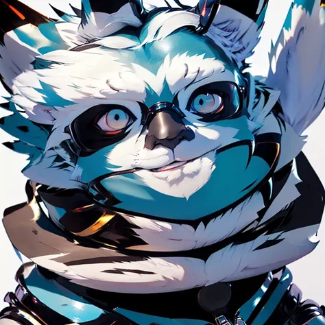 this illustration of male person, anthro junior wolf is wearing blue shiny rubber bodysuit, and blue shiny rubber full-face head, shiny, white background, in furry art style, sleek