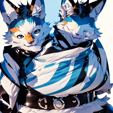 this illustration of male person, anthro junior wolf is wearing blue shiny rubber bodysuit, and blue shiny rubber full-face head...