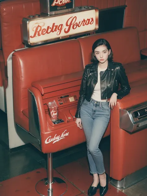 1950s teenager wearing a leather jacket and jeans, leaning against a jukebox in a classic diner with red booths and a soda fount...