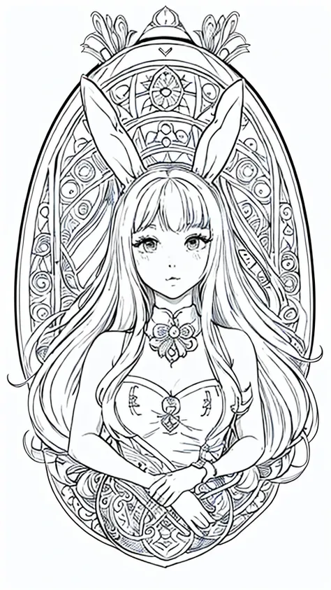 (bunny girl:1.5), 8k, black and white drawing of circular design, intricate thin lines, centering radial design, coloring pages,...