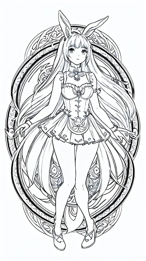 (bunny girl:1.5), 8k, black and white drawing of circular design, intricate thin lines, centering radial design, coloring pages,...