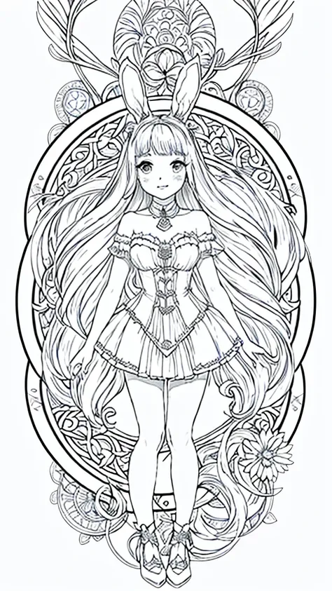 (bunny girl:1.5), 8k, black and white drawing of circular design, intricate thin lines, centering radial design, coloring pages,...