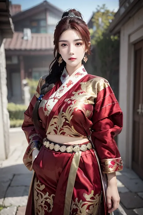 fei yu_robes， red cloth, red hair, whole body, gold embroidery， black embroidered gold， high ponytail, braid, depth of field, ni...