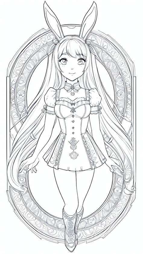 (bunny girl:1.5), 8k, black and white drawing of circular design, intricate thin lines, centering radial design, coloring pages,...