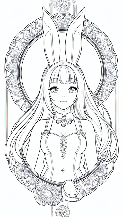 (bunny girl:1.5), 8k, black and white drawing of circular design, intricate thin lines, centering radial design, coloring pages,...