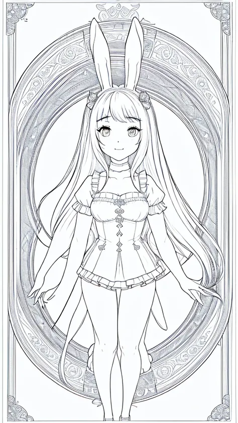 (Bunny girl:1.5), 8k, black and white drawing of circular design, intricate thin lines, centering radial design, coloring pages, simplified zentangle, coloring book outline, black and white only, no outline, intricate designs, coloring book, celtic design,...