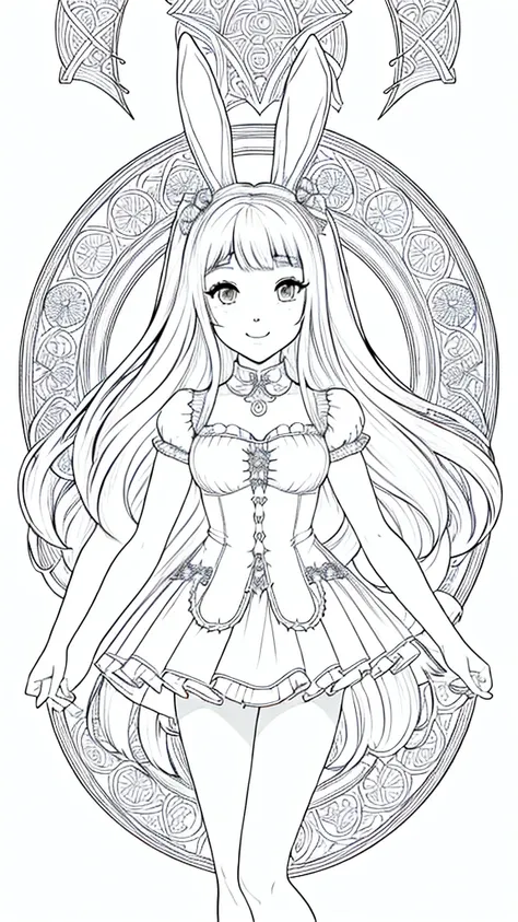 (bunny girl:1.5), 8k, black and white drawing of circular design, intricate thin lines, centering radial design, coloring pages,...