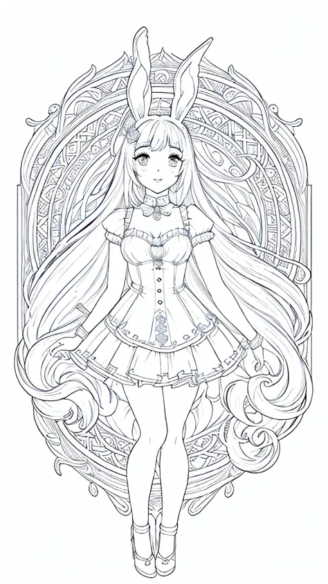 (bunny girl:1.5), 8k, black and white drawing of circular design, intricate thin lines, centering radial design, coloring pages,...