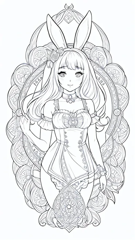 (bunny girl:1.5), 8k, black and white drawing of circular design, intricate thin lines, centering radial design, coloring pages,...