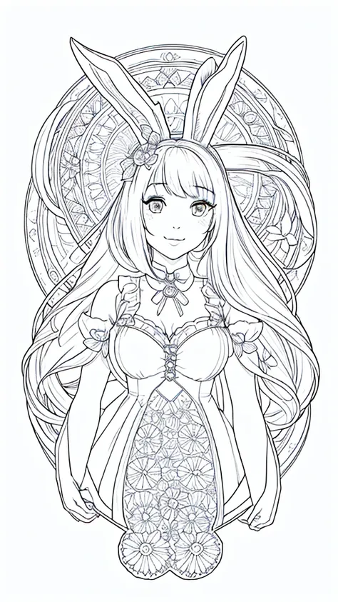 (Bunny girl:1.5), 8k, black and white drawing of circular design, intricate thin lines, centering radial design, coloring pages, simplified zentangle, coloring book outline, black and white only, no outline, intricate designs, coloring book, celtic design,...