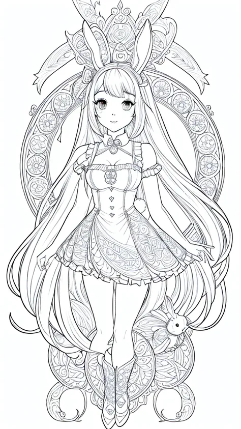 (bunny girl:1.5), 8k, black and white drawing of circular design, intricate thin lines, centering radial design, coloring pages,...