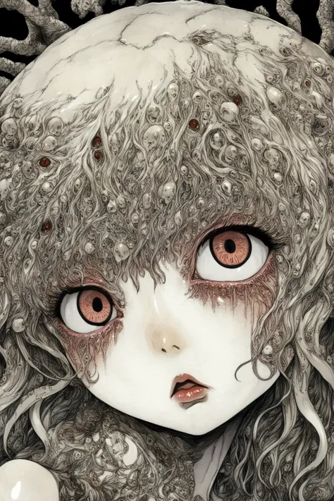 close-up, surreal, a shintaro kago, a school girl, horror anime, horror manga, surrealism etc