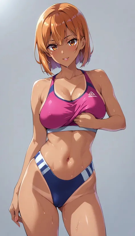 (masterpiece, best quality, ultra-detailed, high resolution, detailed eyes), takeda hiromitsu style, (1woman), (training wear), athletic body, tall, tanned skin, very short orange hair, standing, pov, cowboy shot