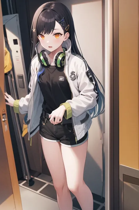 masterpiece, Highest quality, High resolution, Aah!, Long Hair, Multicolored Hair, Gradient Hair, hair ornaments, Orange eyes, Headphones around the neck, Black Shirt,Long sleeve, Short shorts, White shorts,nervous,Public toilets