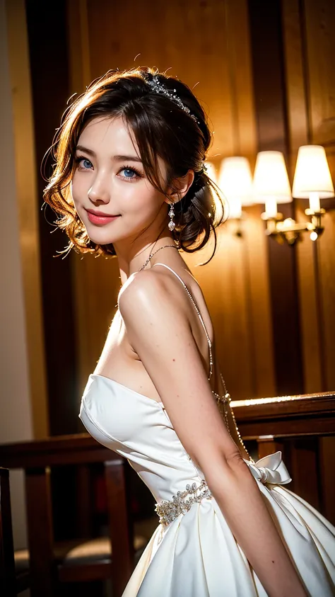 bride、Wedding Style、Wedding Styleの写真、Luxury dresses、church、Light clothing、Formal Wear、night景、illumination、blue eyes、blonde、short hair、Hair tied up、Full body photo、Sexy Face、short hair、 Complete look、(((masterpiece)))、((Highest quality))、((超Realistic))、成熟した...