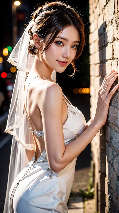 bride、Wedding Style、Wedding Styleの写真、Luxury dresses、church、Light clothing、Formal Wear、night景、illumination、blue eyes、blonde、short hair、Hair tied up、Full body photo、Sexy Face、short hair、 Complete look、(((masterpiece)))、((Highest quality))、((超Realistic))、成熟した...