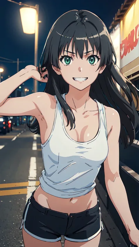  (High resolution:1.4), (masutepiece:1.2), (High quality:1.3) 1girl, saten ruiko, green eyes, long hair, black hair, small breast, tank top, hot pants, cinematic lighting,  pov, grin, dynamic angle, 