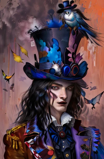 painting of a woman with a hat and a bird on her head, the madhatter, the rad hatter, he is wearing a top hat, an expressive digital painting, the mad hatter, painted character portrait, mad hatter, with a glass eye and a top hat, in style of digital paint...