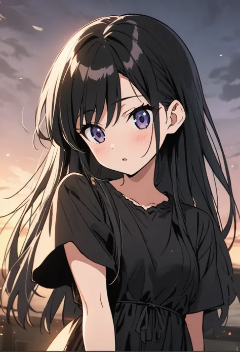 anime girl with black hair and a black dress and a black top, 1 7 - year - old