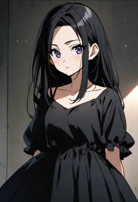 anime girl with black hair and a black dress and a black top, 1 7 - year - old