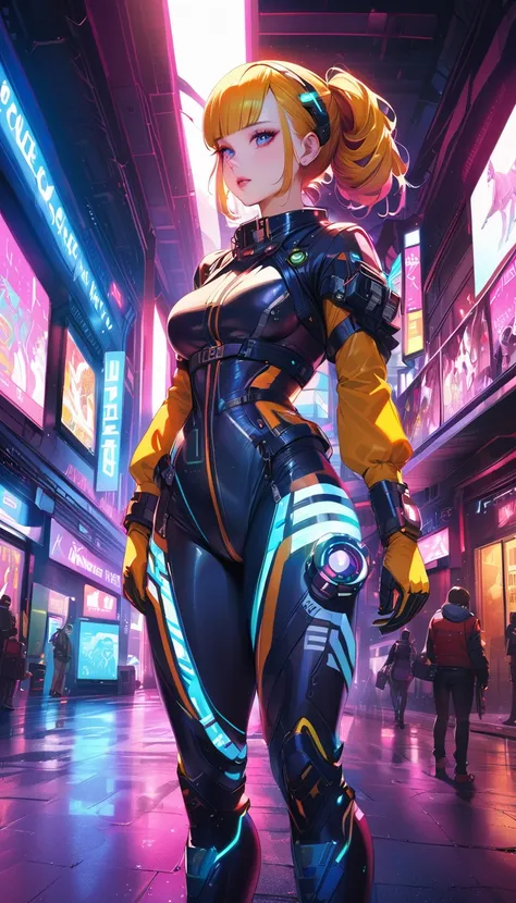 a cyberpunk-inspired woman, porcelain skin, pawg, intricate cyberpunk outfit with bold colors and patterns, eye-catching accesso...