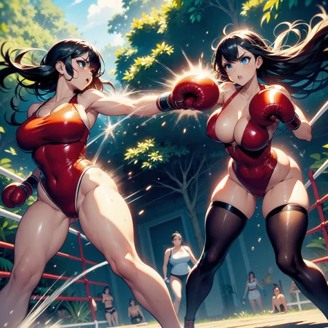 NSFW , In the Jungle , Jungle defense fight , Small woman and big woman , Fullbody shot , Wear Monokini swimsuit with pantyhose , Female boxing Face to face, So huge breasts.