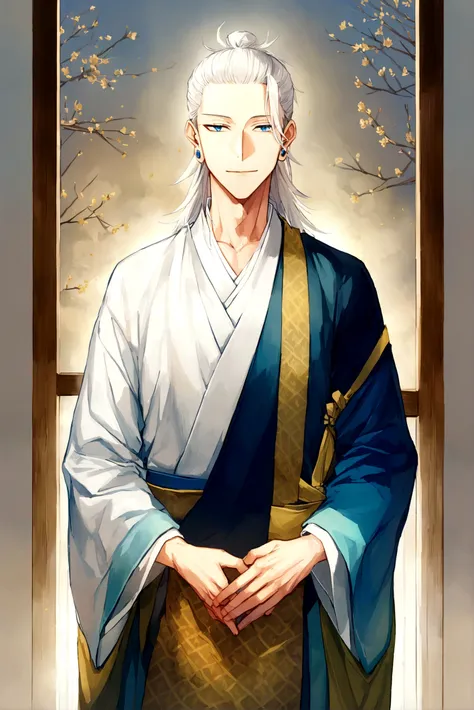 25 year old man with white hair and sparkling light blue eyes, 180cm tall, wearing traditional Solo Basan clothing