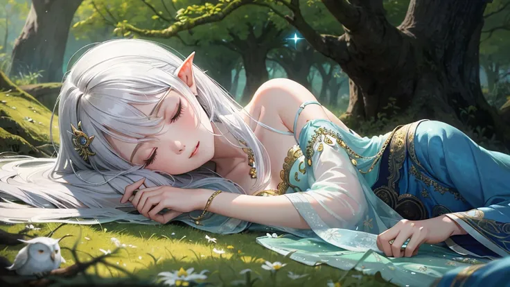 Under the protective cover of a majestic old oak tree, a young elf girl sleeps peacefully. Her silver hair spreads like a sparkling stream across the carpet of green moss, framing her delicate face. She is dressed in a light silk dress, emerald green in co...