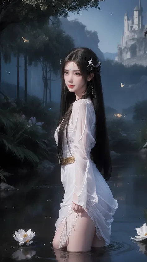 1girl, girl with long black hair, smiling, cheerful, girl is standing among a wide expanse of flowers,girl posing gracefully , surrounded by beautiful flowers, Calm and peaceful atmosphere, night, moonlight , Beautiful glowing butterflies surround the girl...