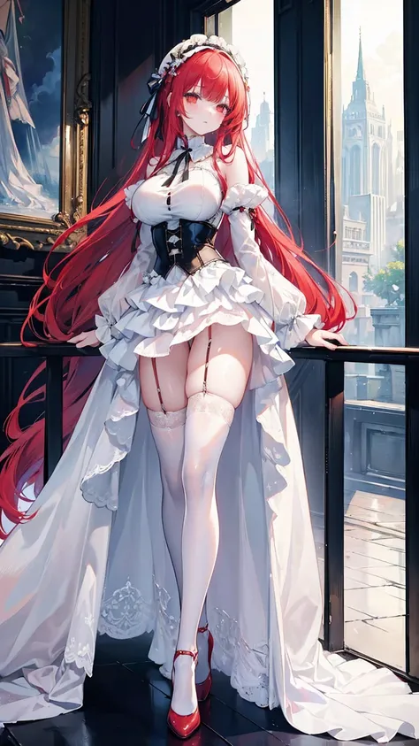 (masterpiece, top quality, best quality, official art, beautiful and aesthetic:1.2), (, best quality, masterpiece:1.2), very long hair, full body, (large breasts:1.2), very long hair, white thighhighs, high heels, (long dress:1.4), corset, garter belts, re...