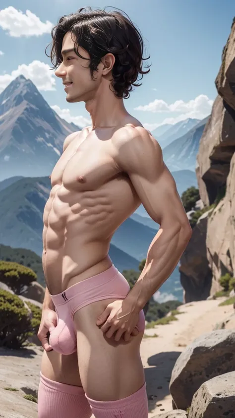 (Cute beautiful fragile short boy Adalgusto), thin arms, flat chest, sexy legs, exposed sexy flat tummy, pink trunks and wool top, little dick bulge, thigh socks , mountains background, wavy hair, side view, shaved body, sexy curvy posture, subtle smile