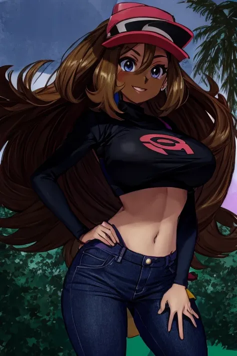 (Pokemon Rosa:1.3), beautiful,masterpiece, (smir),((gigantic breasts)),smile,best quality, (pink crop top), wearing jeans, outdoors,sunny,(1girl:1.3), wide hips, loose top, teen girl, hyper realistic, bending forward, partially breasts, boob window, volley...