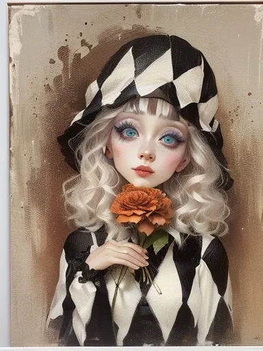 painting of a woman with a hat and flowers in her hand, !!!esao andrews!!!, clown girl, margaret keane style, goth clown girl, i...