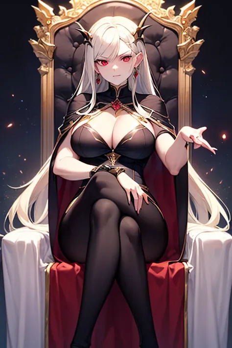 masterpiece, extra limbs, 1vampire lady, 250 years old,(light gold extra long hair), slant blank ruby red eyes, big breasts, muscle,(pale white finely detailed skin), (serious),(((clothed:1.5 Sorcerer))),hair ornaments,earrings,cape,evil sword,crossed legs...