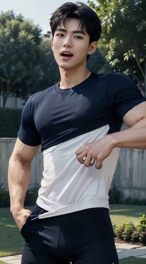 (As a matter of fact, Masterpiece, 8k HD, good light quality, sportswear, fit the face, complicated details), A handsome, muscular young Korean man. ,(Broad shoulders:1.3), 20 years old, be happy, smile brightly, detailed face, delicate eyes, มองดูsky, (We...